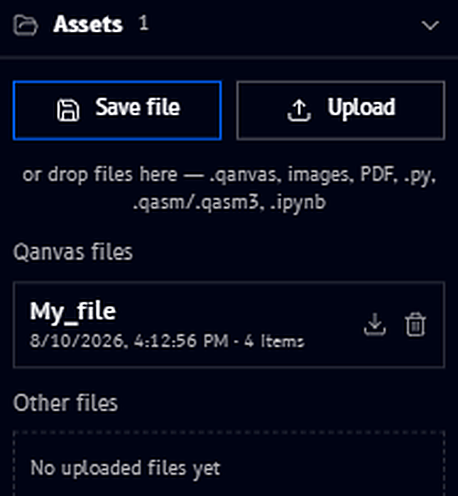 Assets panel: Save file / Upload buttons, a drop zone, Qanvas files, and Other files