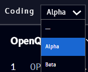 Coding block's circuit dropdown, with Alpha selected and Beta also available