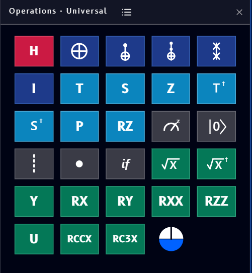 Operations block showing the Universal gate catalog