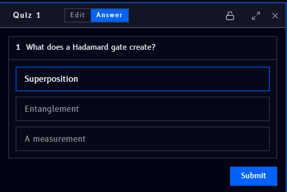 Quiz block in Answer mode, with selectable options and a Submit button