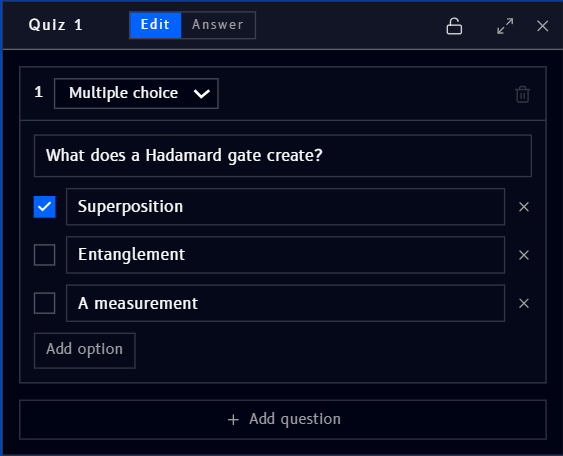Quiz block in Edit mode, with a multiple-choice question and three options