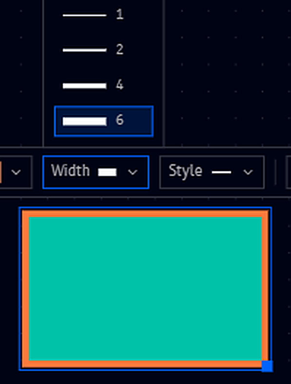 Width dropdown with presets 1, 2, 4, 6, applied at 6 on the rectangle's outline