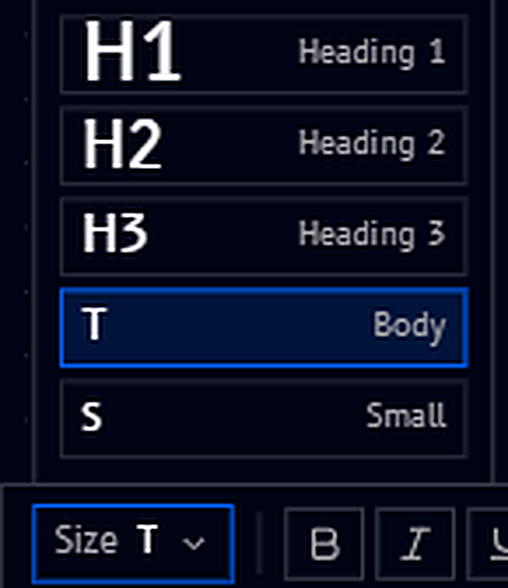 Size dropdown: H1, H2, H3, Body, Small