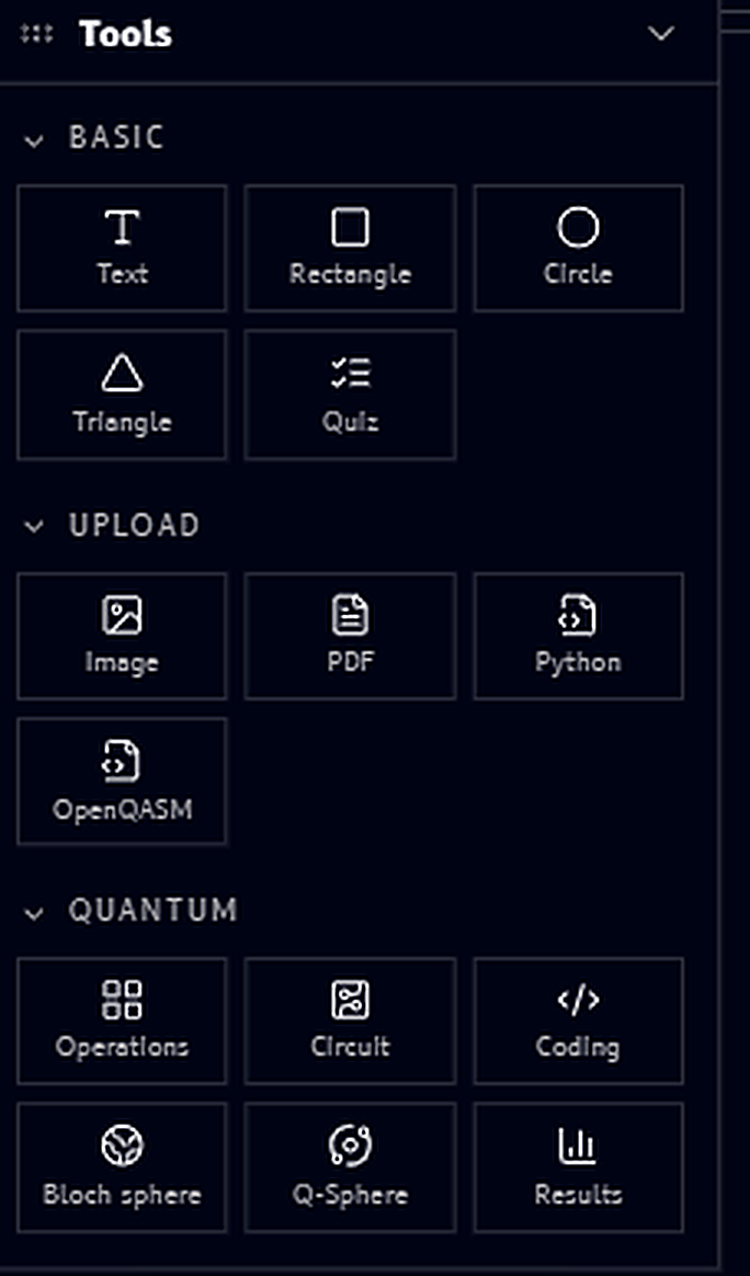 Tools panel expanded, showing Basic, Upload, and Quantum categories