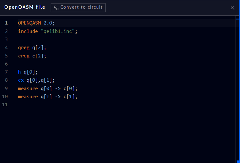 New OpenQASM 2.0 file with a Bell-state program