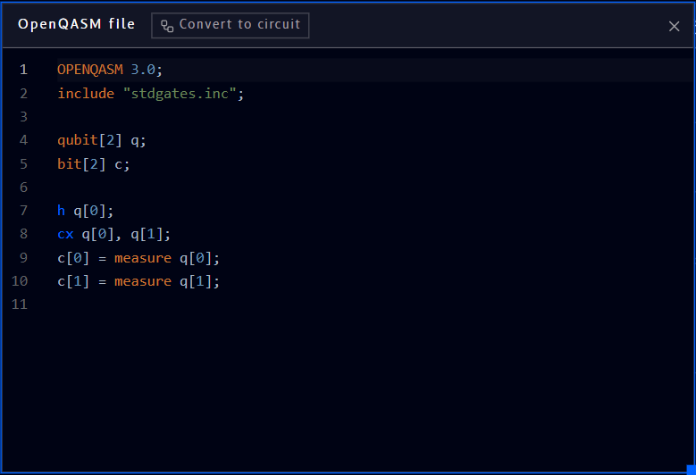 New OpenQASM 3.0 file with a Bell-state program