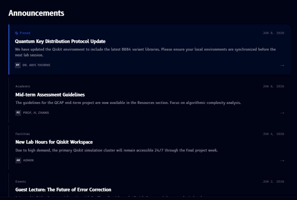 Announcements page, a feed of pinned and categorized announcement cards