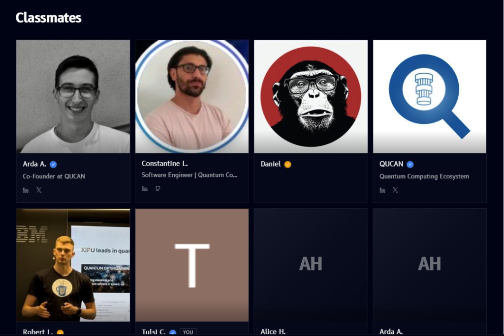 Classmates page, a grid of profile cards with avatars, roles, and social links