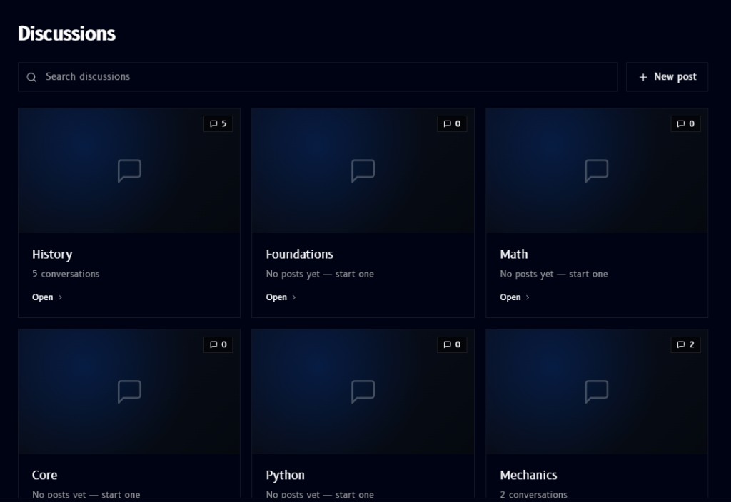 Discussions page, a grid of per-module discussion boards with conversation counts