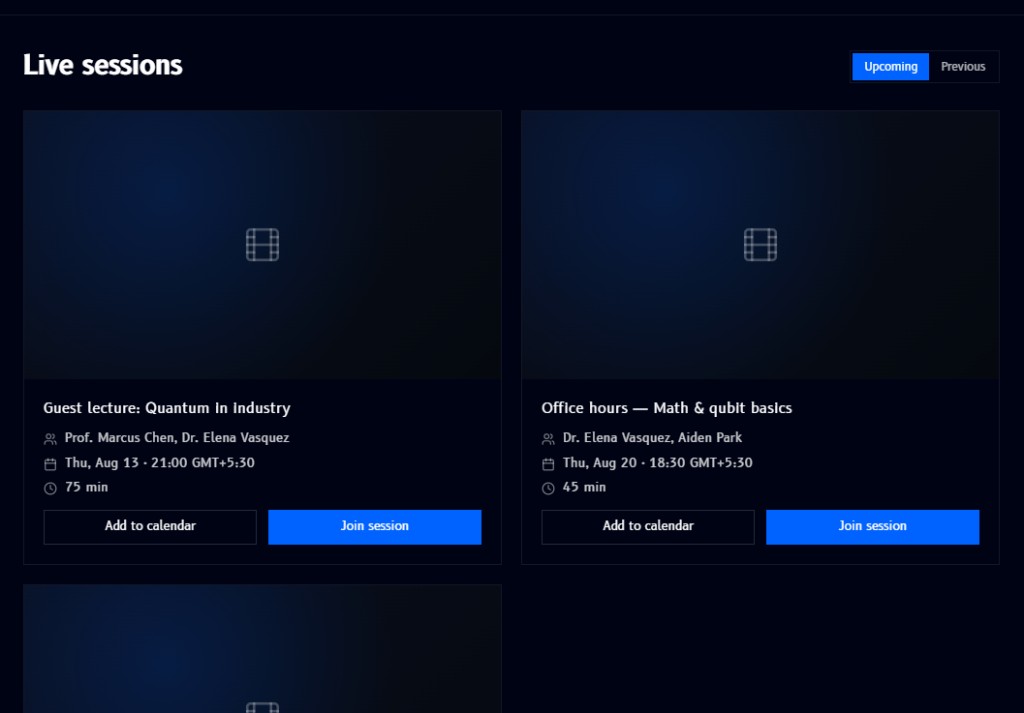 Live Sessions page, showing session cards with presenters, date/time, and duration