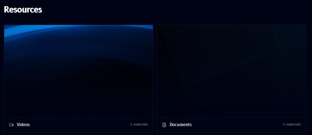 Resources page, Videos and Documents category cards