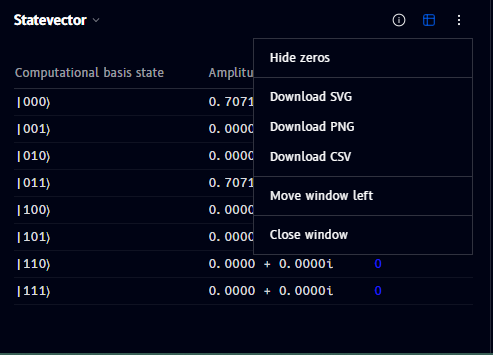 Statevector options menu